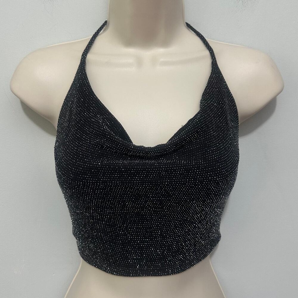 Fashion Nova Crop Top Womens XS Black Metallic Halter Indie Sleaze Rave Club